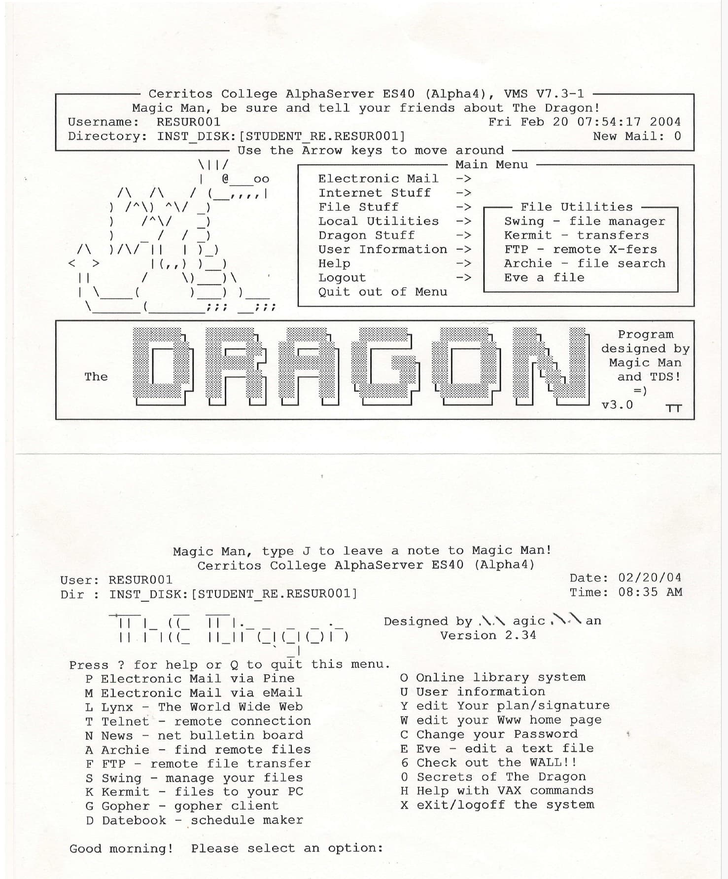 Original screenshot of The Dragon menu interface